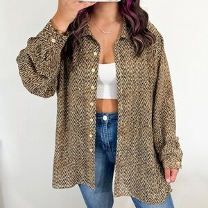 Brown and black chevron printed button down shirt